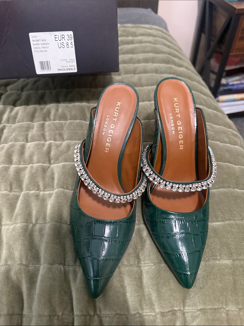 Kurt Geiger Emerald Green Croc-Effect Pointed Mules with Crystal Strap